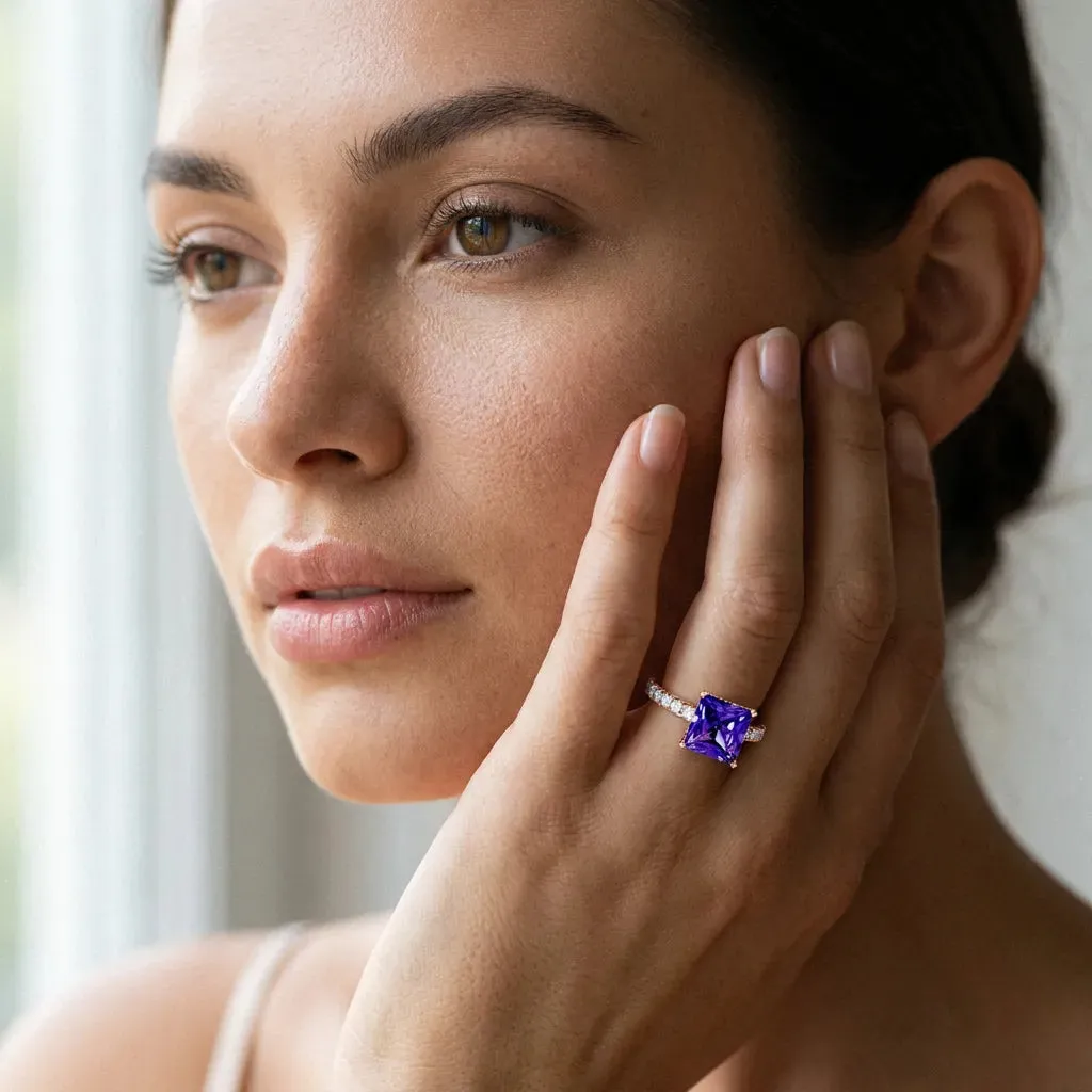 Princess Cut Tanzanite Solitaire Ring with Round Pavé Band and Four-Prong Setting Rose gold