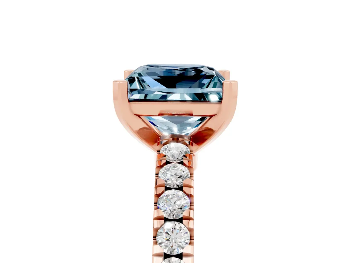 Princess Cut Solitaire Aquamarine with Pavé Band and Four-Prong Setting Rose gold