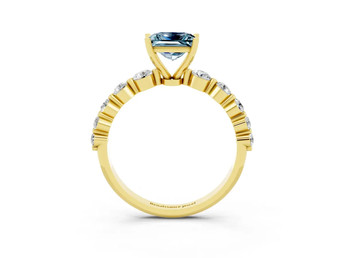 Princess Cut Solitaire Aquamarine Ring with Pave Band and Four-Prong Setting Yellow gold