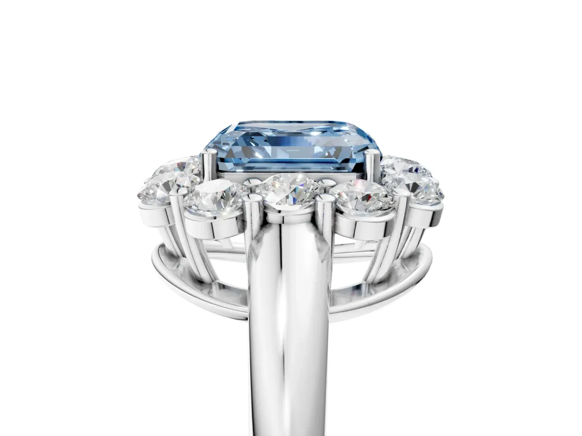 Fancy Blue Asscher Cut Halo Milgrain Solitaire with Bezel Set Side Stones and Pave Band Platinum
