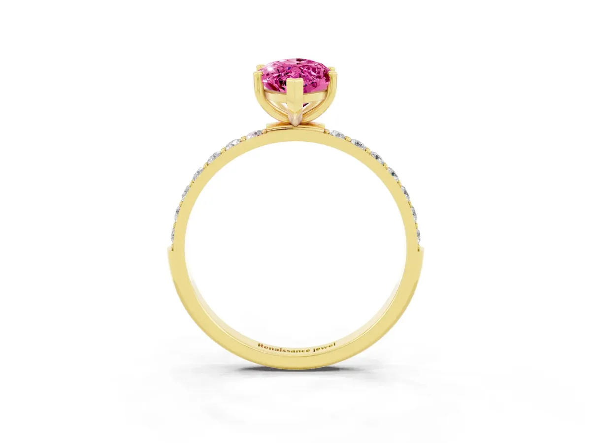 Marquise Cut Pink Sapphire Solitaire Ring with Round Pavé Band and Prong Setting Yellow gold