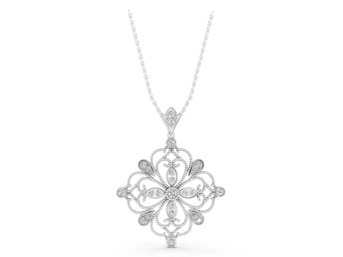 Vintage Floral Diamond Pendant with Round Brilliant Cut and Pavé Setting White gold