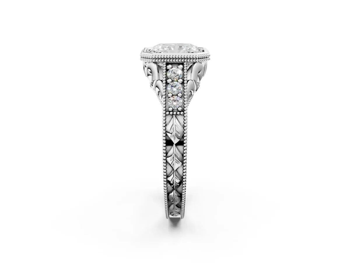 Bezel Set Radiant Cut Diamond Milgrain Pave Engagement Ring Platinum
