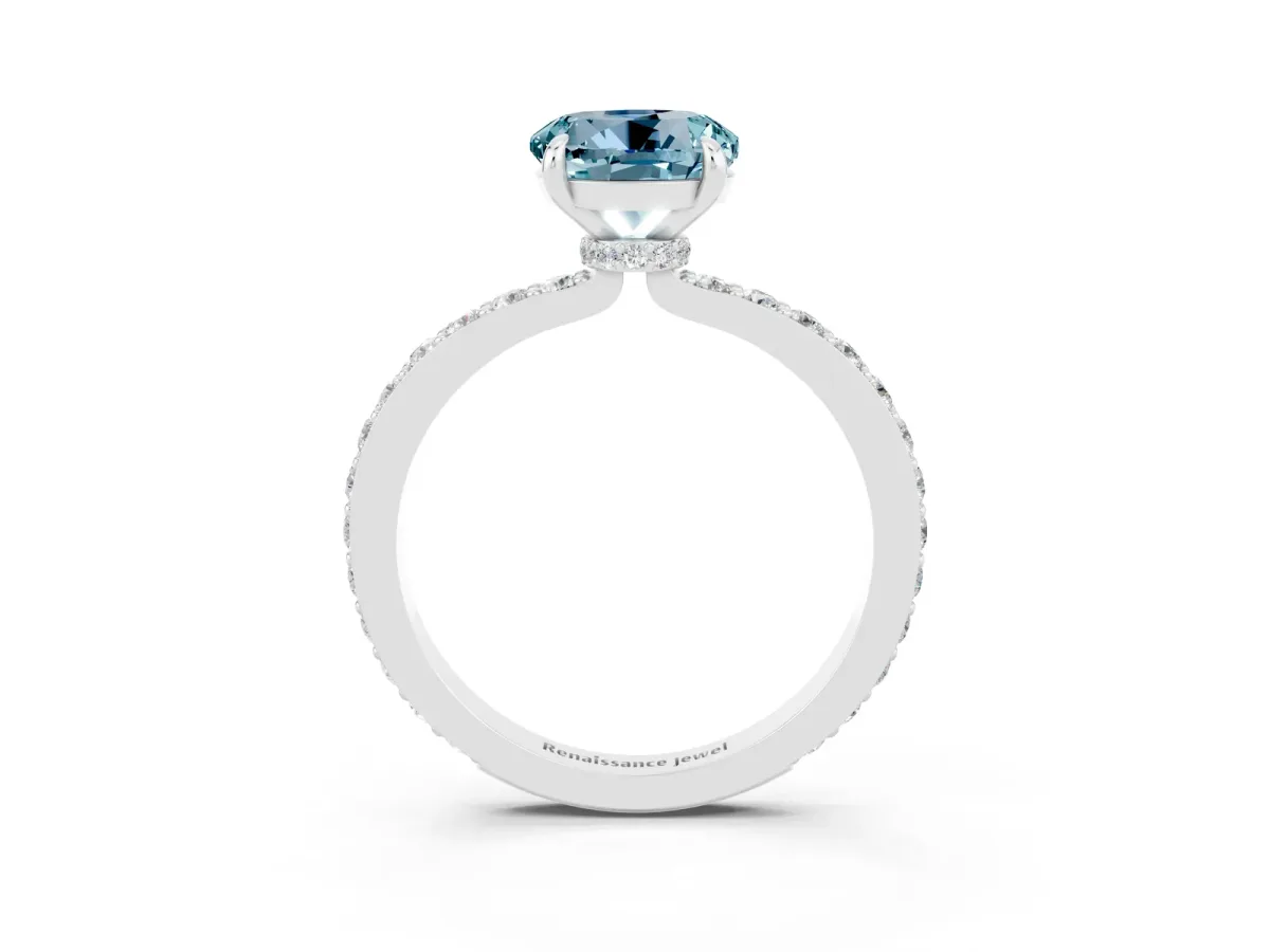 Round Cut Aquamarine Solitaire Engagement Ring with Pavé Band and Four-Prong Setting White gold