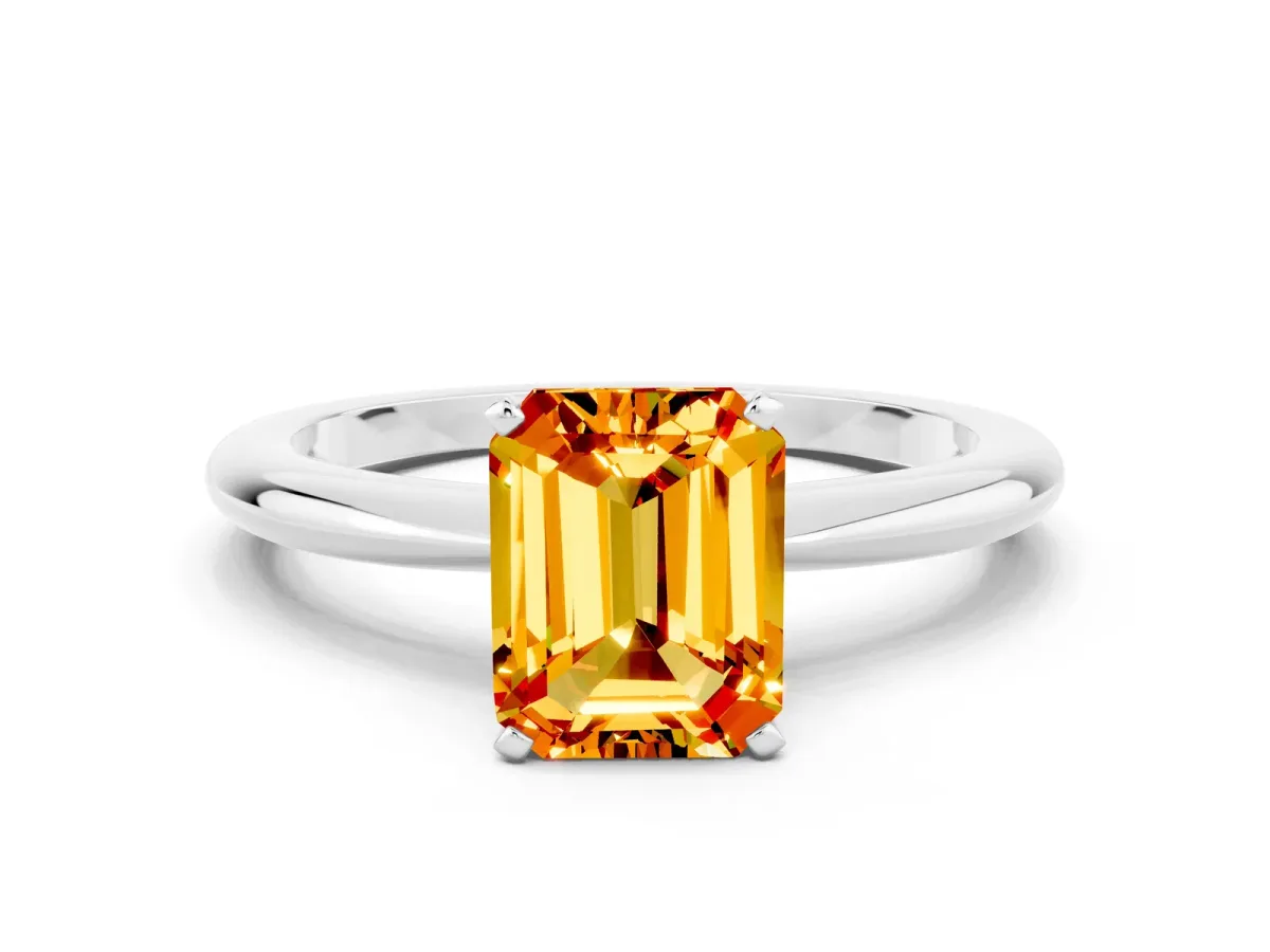Emerald Cut Citrine Solitaire Ring with Six-Prong Setting and Classic Band Platinum
