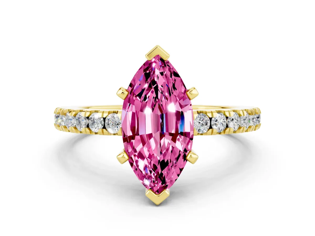 Marquise Cut Solitaire Pink Sapphire with Pavé Band and Four-Prong Setting Yellow gold