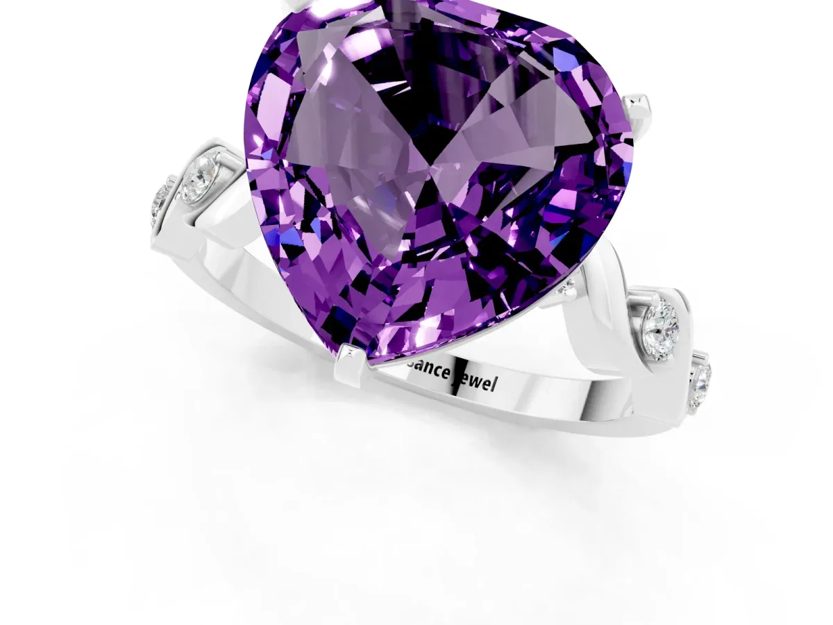 Heart Cut Amethyst Solitaire Twisted Band with Round Accents and Prong Setting White gold