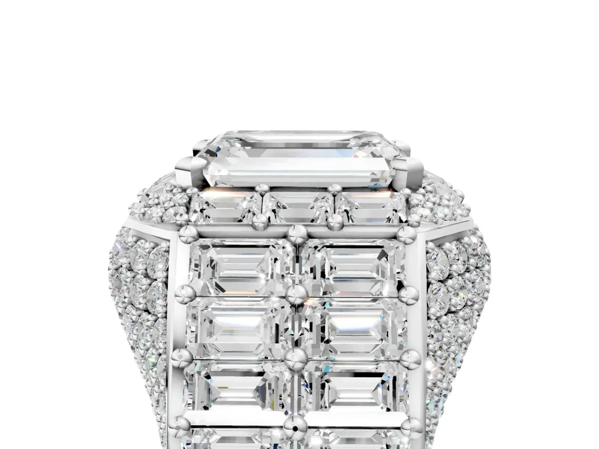 Emerald Cut Diamond Pavé Statement Mens Ring with Baguette Accents White gold