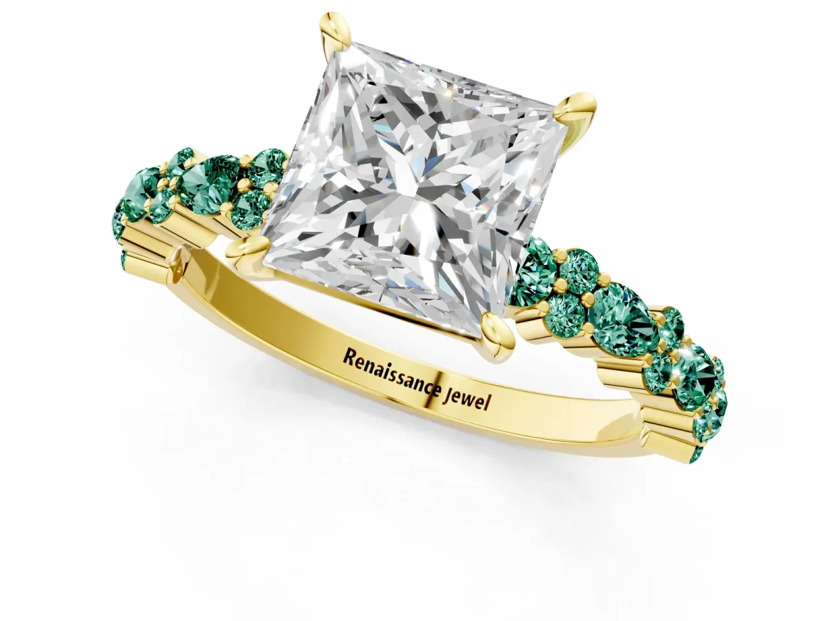 Princess Cut Diamond Side Stone Solitaire Ring with Round Green Sapphire and Four-Prong Setting Yellow gold