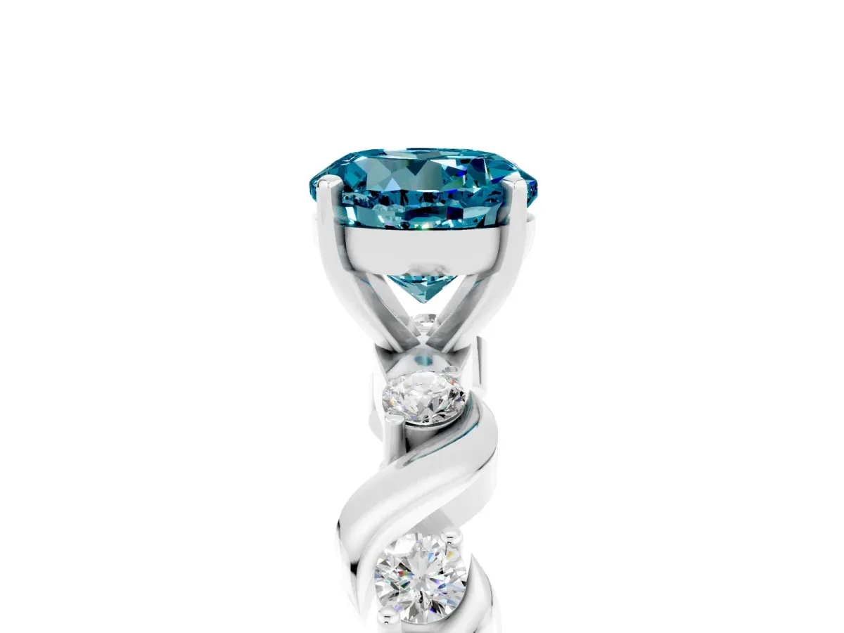 Round Cut Blue Topaz Solitaire Twisted Band with Round Accents and Prong Setting White gold