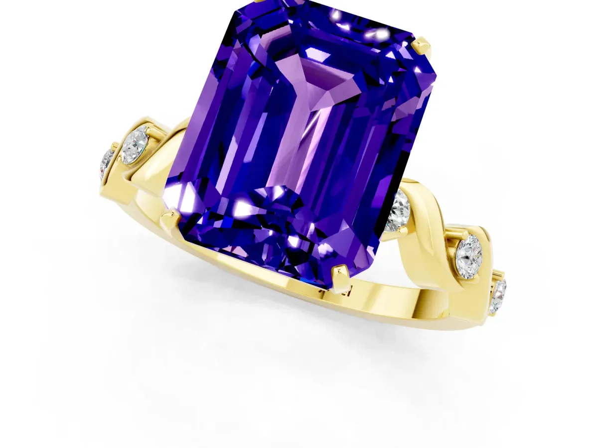 Emerald Cut Tanzanite Solitaire Twisted Band with Round Accents and Prong Setting Yellow gold