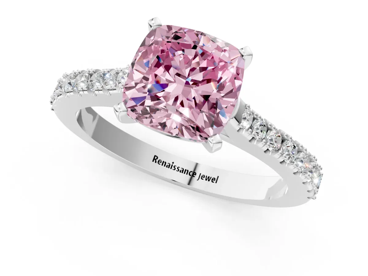 Fancy Pink Cushion Cut Cut Solitaire Diamond Engagement Ring with Pave Band and Four-Prong Setting White gold