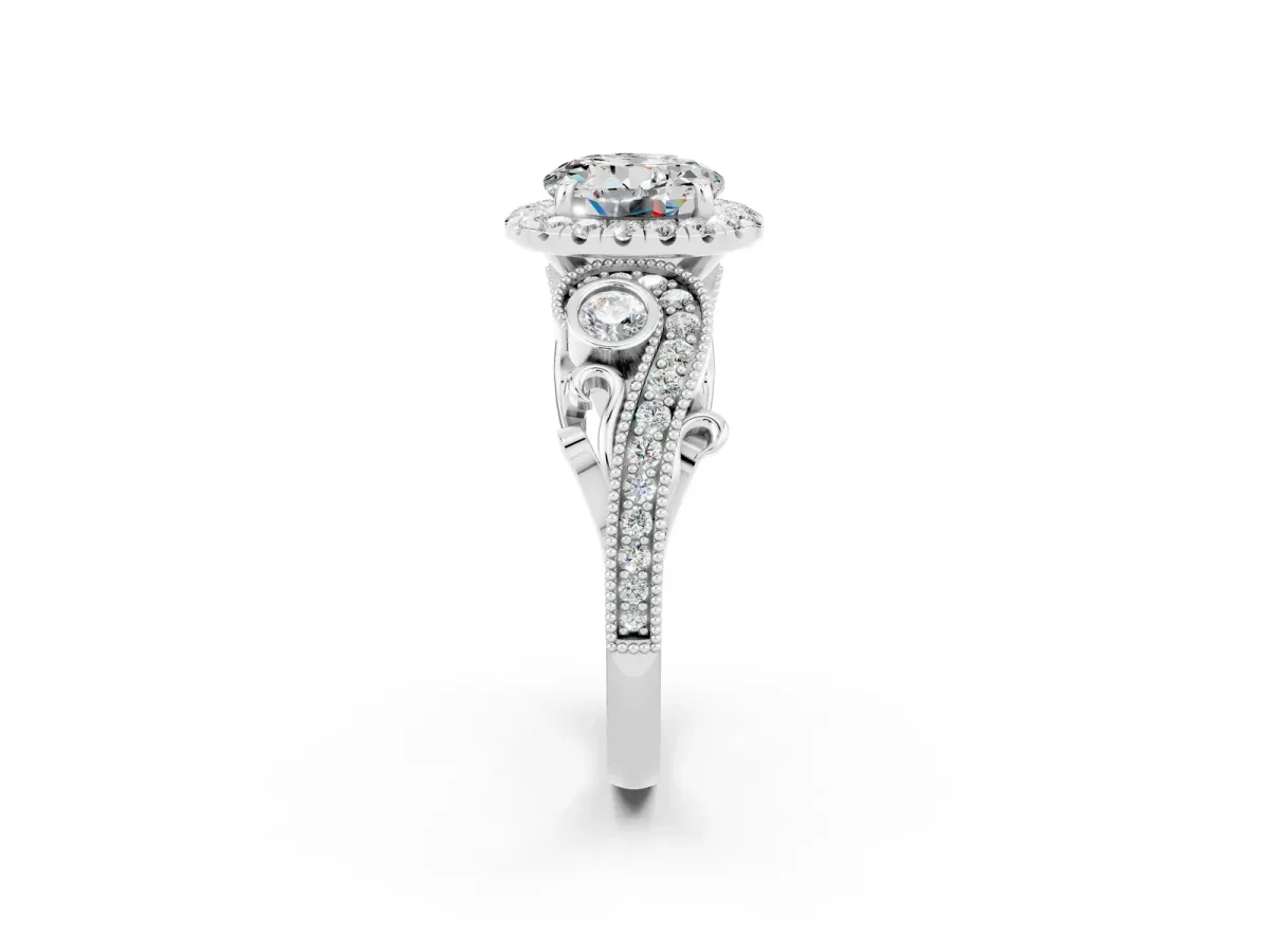 Round Cut Moissanite Halo Ring with Milgrain Pavé Band and Four-Prong Setting Platinum