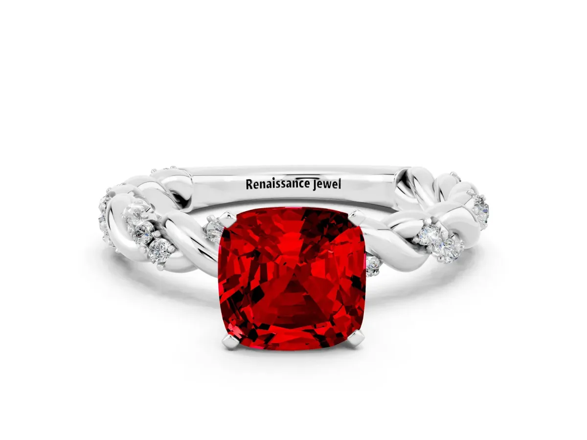 Cushion Cut Ruby Solitaire Ring with Twisted Band and Pavé Accents White gold