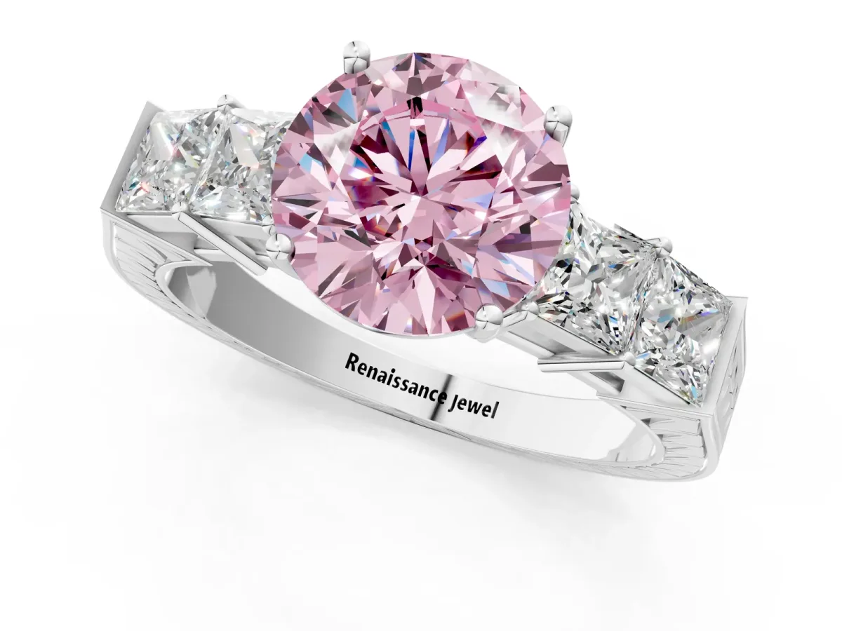 Fancy Pink Round Cut Solitaire Princess Side Stone Engraved Band Prong Setting Ring Silver