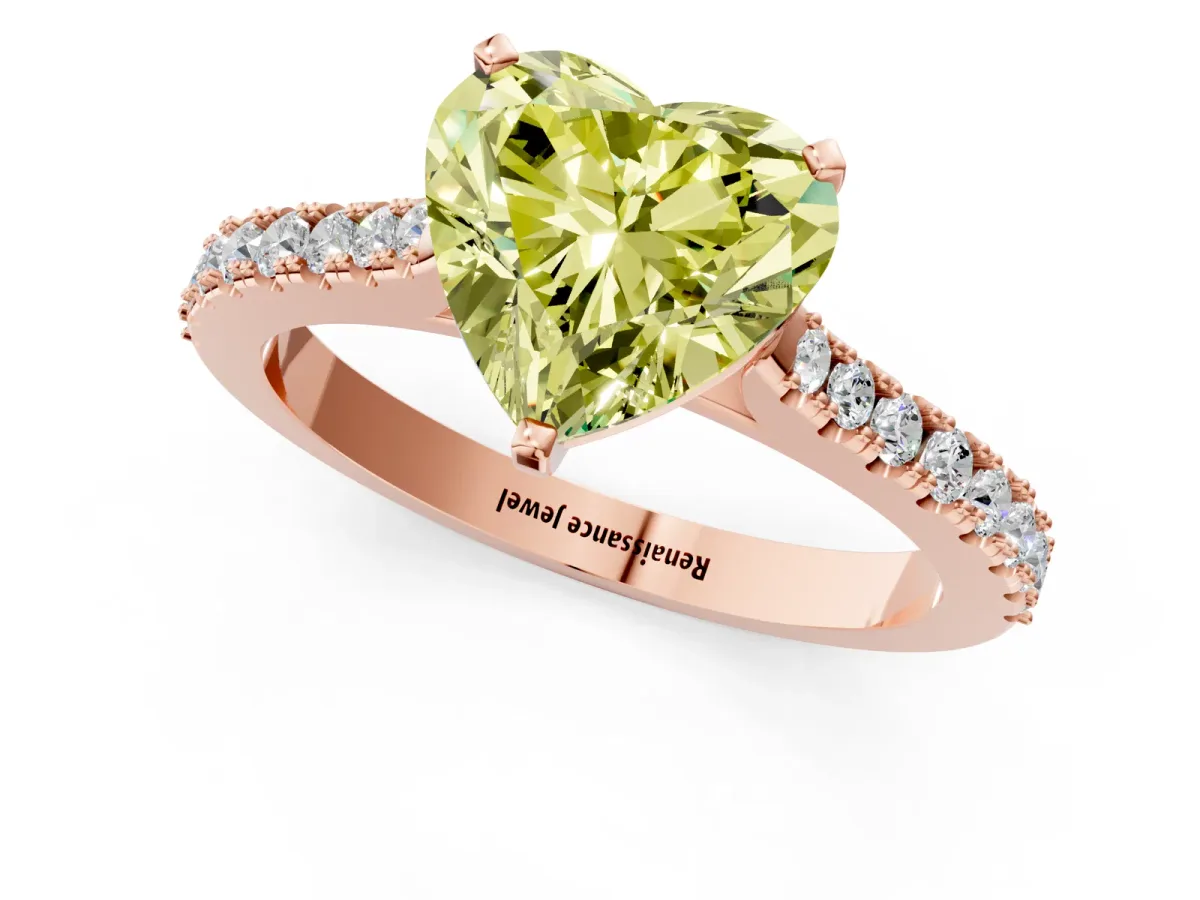 Fancy Yellow Heart Cut Cut Solitaire Diamond Engagement Ring with Pave Band and Four-Prong Setting Rose gold