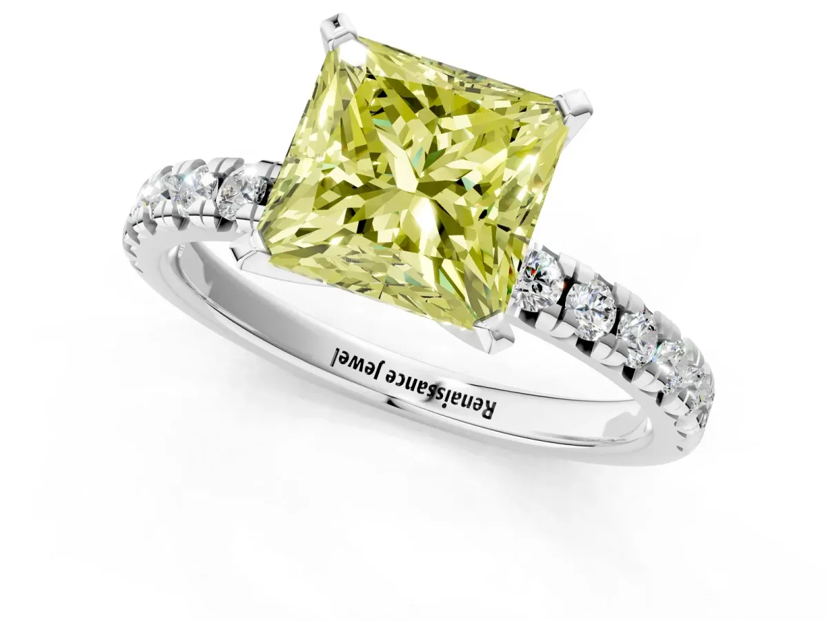 Fancy Yellow Princess Cut Diamond Solitaire Pavé Engagement Ring with Round Band and Prong Setting White gold