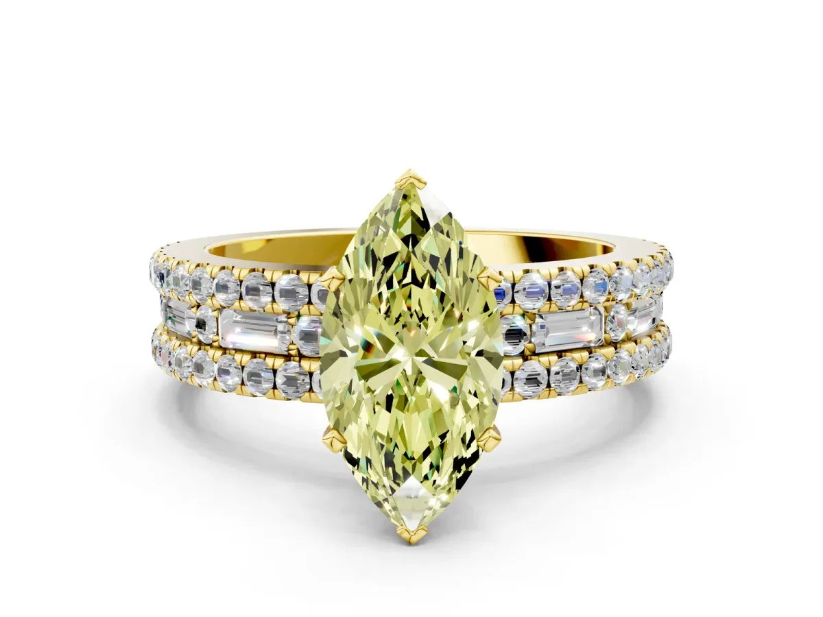 Fancy Yellow Marquise Cut Diamond Solitaire Ring with Pavé and Channel Set Band Yellow gold