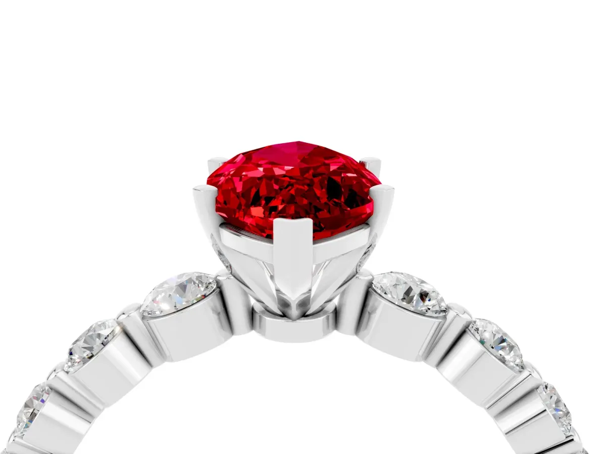 Marquise Cut Solitaire Ruby Ring with Pave Band and Four-Prong Setting Platinum
