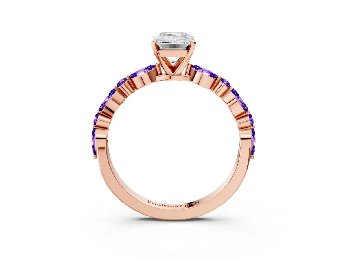 Emerald Cut Diamond Ring with Marquise and Round Tanzanite Side Stones and Four-Prong Setting Rose gold