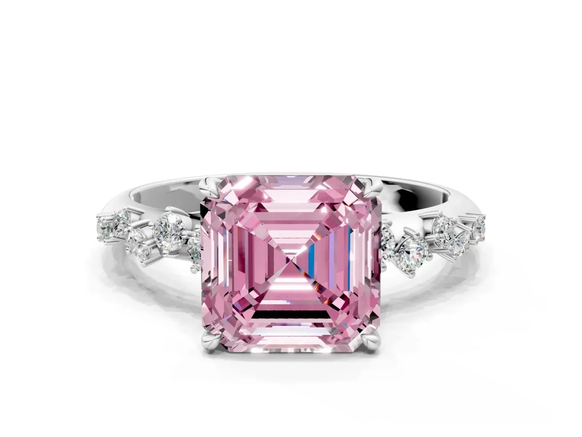 Fancy Pink Asscher Cut Diamond Cluster Side Stone Solitaire Ring with Prong Setting Platinum