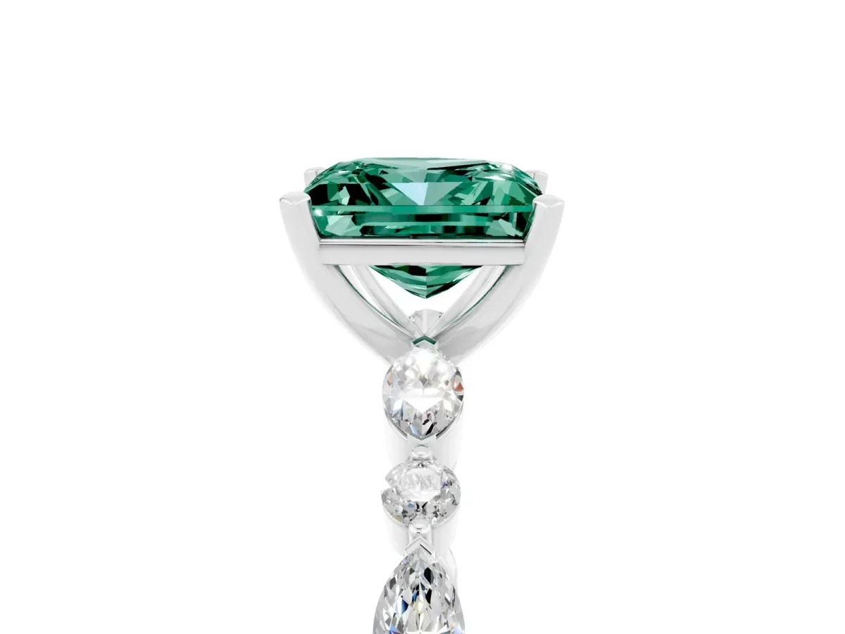 Princess Cut Green Sapphire Ring with Marquise and Round Side Stones and Four-Prong Setting Platinum