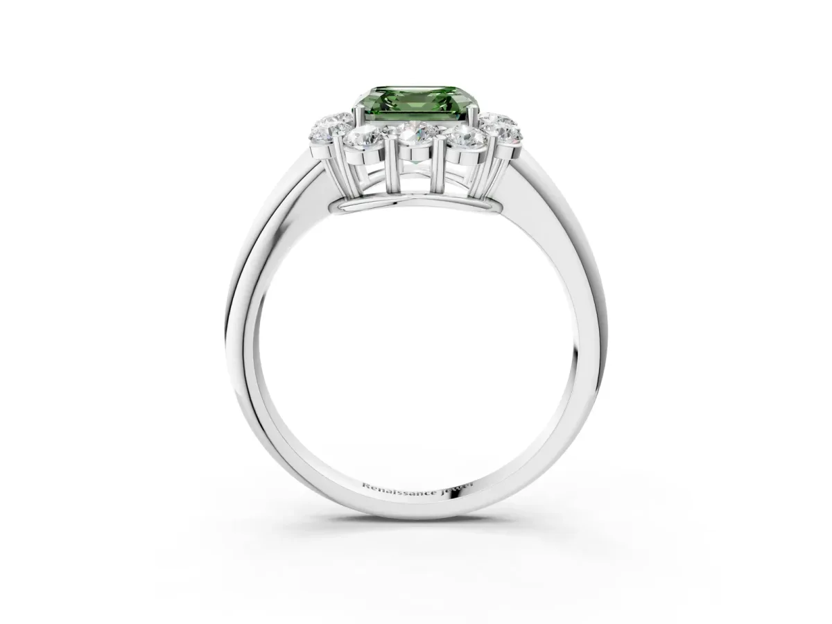 Fancy Green Asscher Cut Halo Milgrain Solitaire with Bezel Set Side Stones and Pave Band Platinum