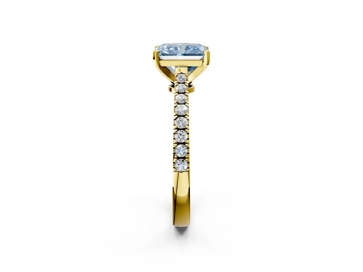 Fancy Blue Radiant Cut Cut Solitaire Diamond Engagement Ring with Pave Band and Four-Prong Setting Yellow gold