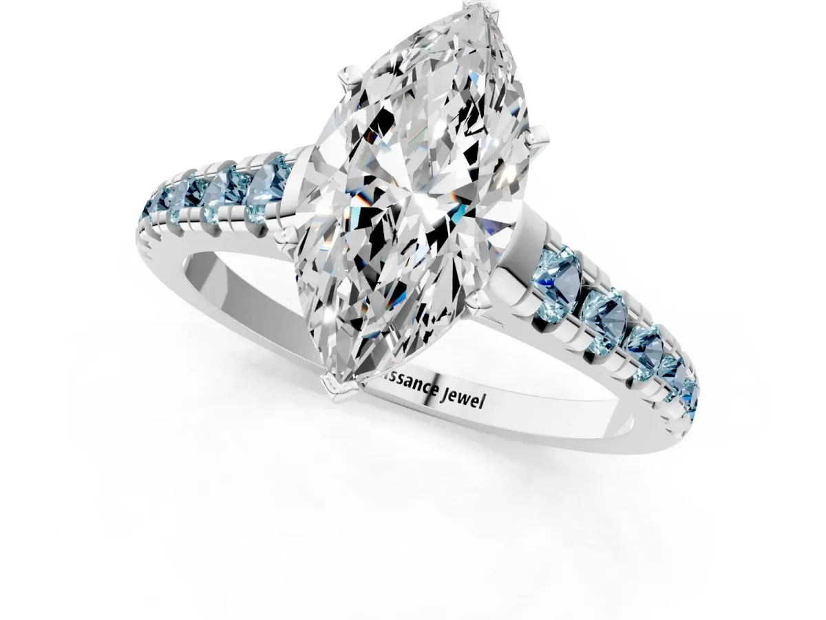 Marquise Cut Diamond Cathedral Solitaire Ring with Round Aquamarine Pavé Band White gold