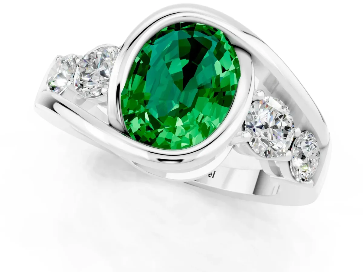 Bezel Set Oval Cut Emerald Bypass Ring with Round Accents Platinum