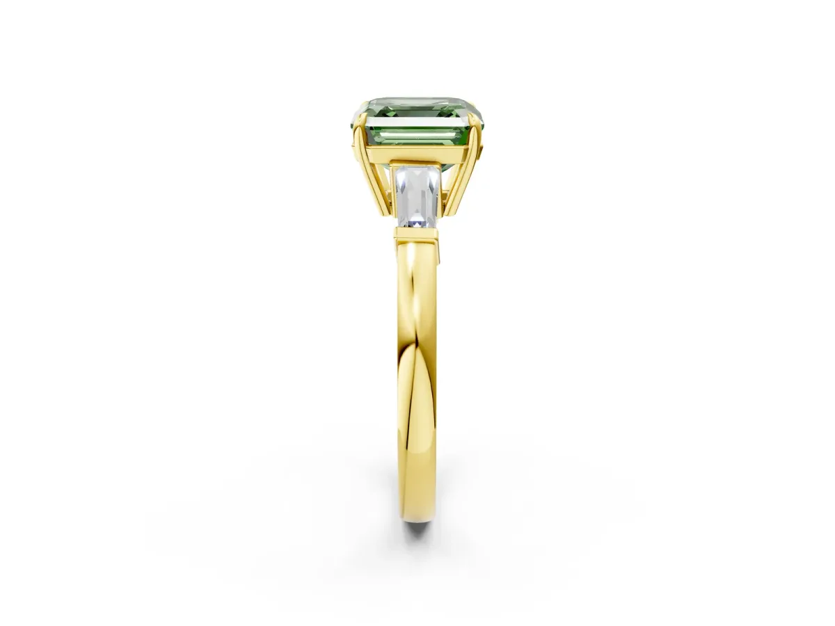 Fancy Green Asscher Cut Diamond Three-Stone Ring with Tapered Baguette Side Stones and Prong Setting Yellow gold