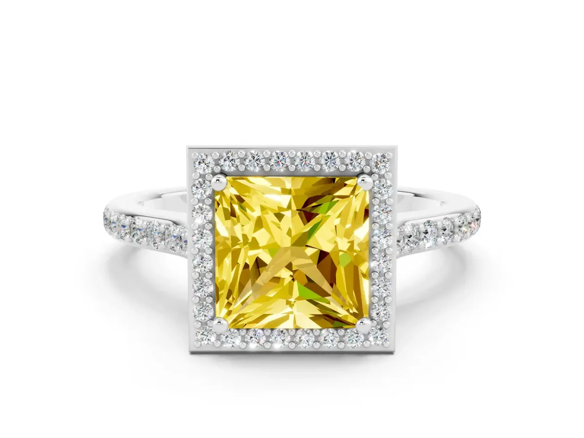 Princess Cut Yellow Sapphire Halo Engagement Ring with Round Pavé Shoulders and Prong Setting Silver