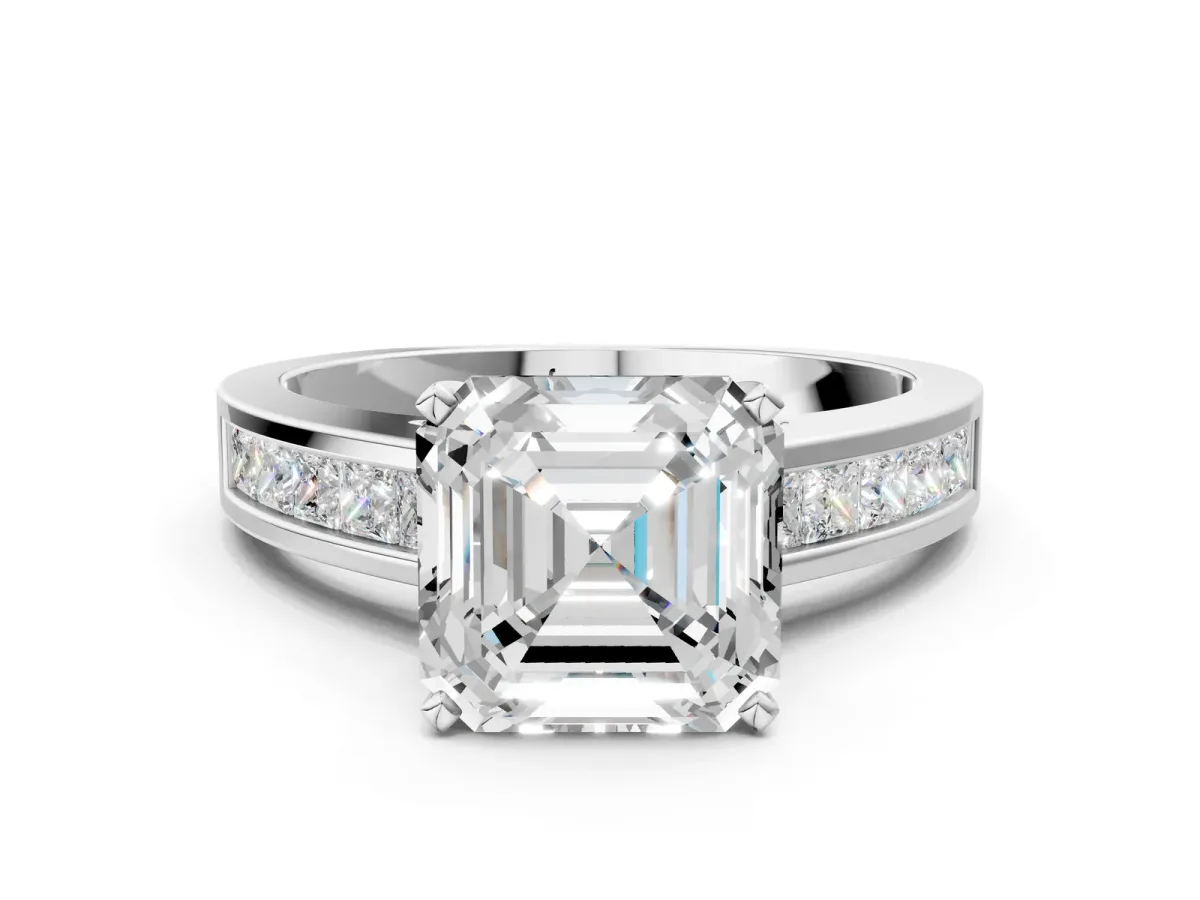 Asscher Cut Solitaire Diamond Ring with Channel-Set Band and Four-Prong Setting Platinum