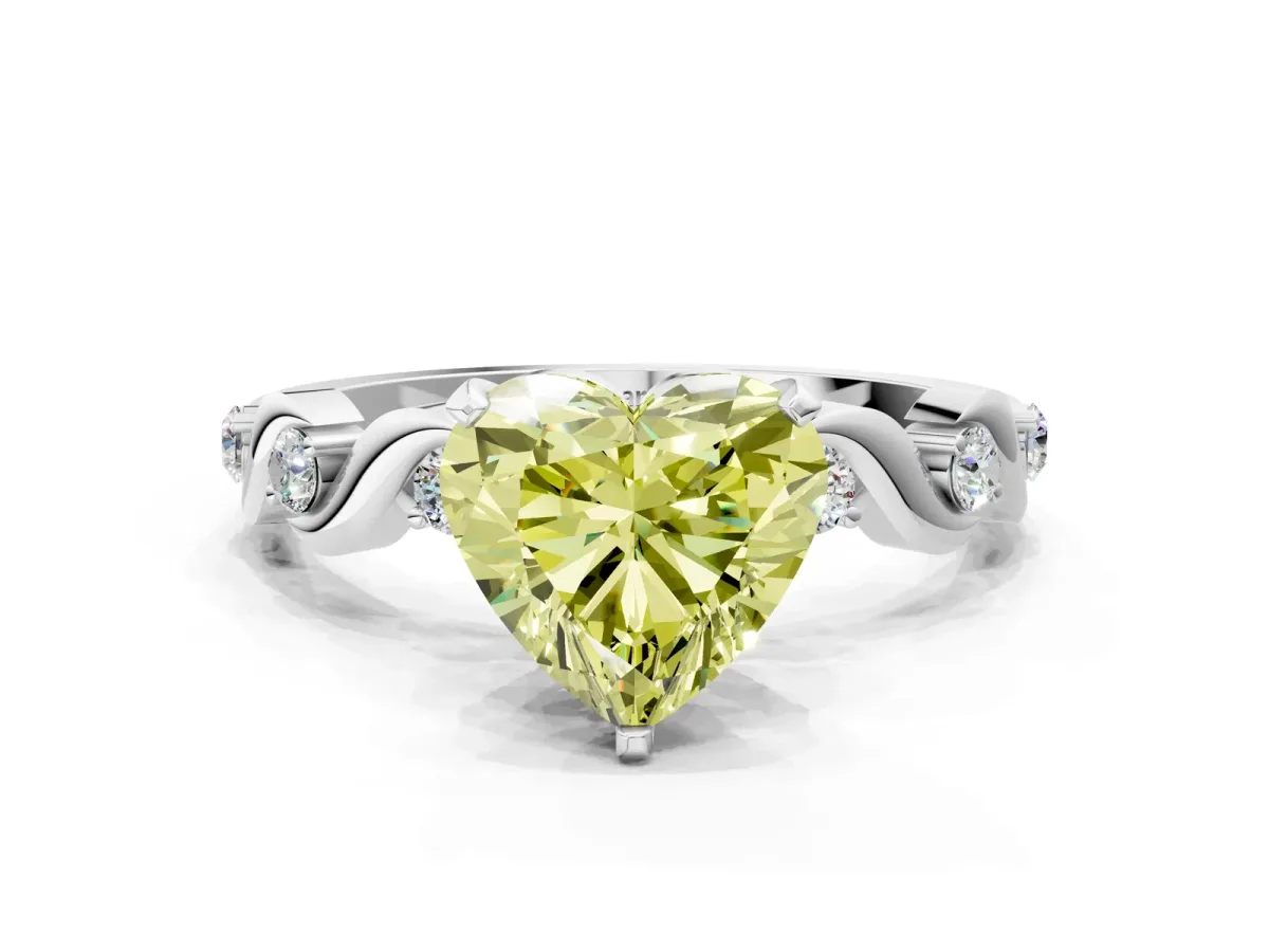 Fancy Yellow Heart Cut Diamond Solitaire Twisted Band with Round Accents and Prong Setting White gold