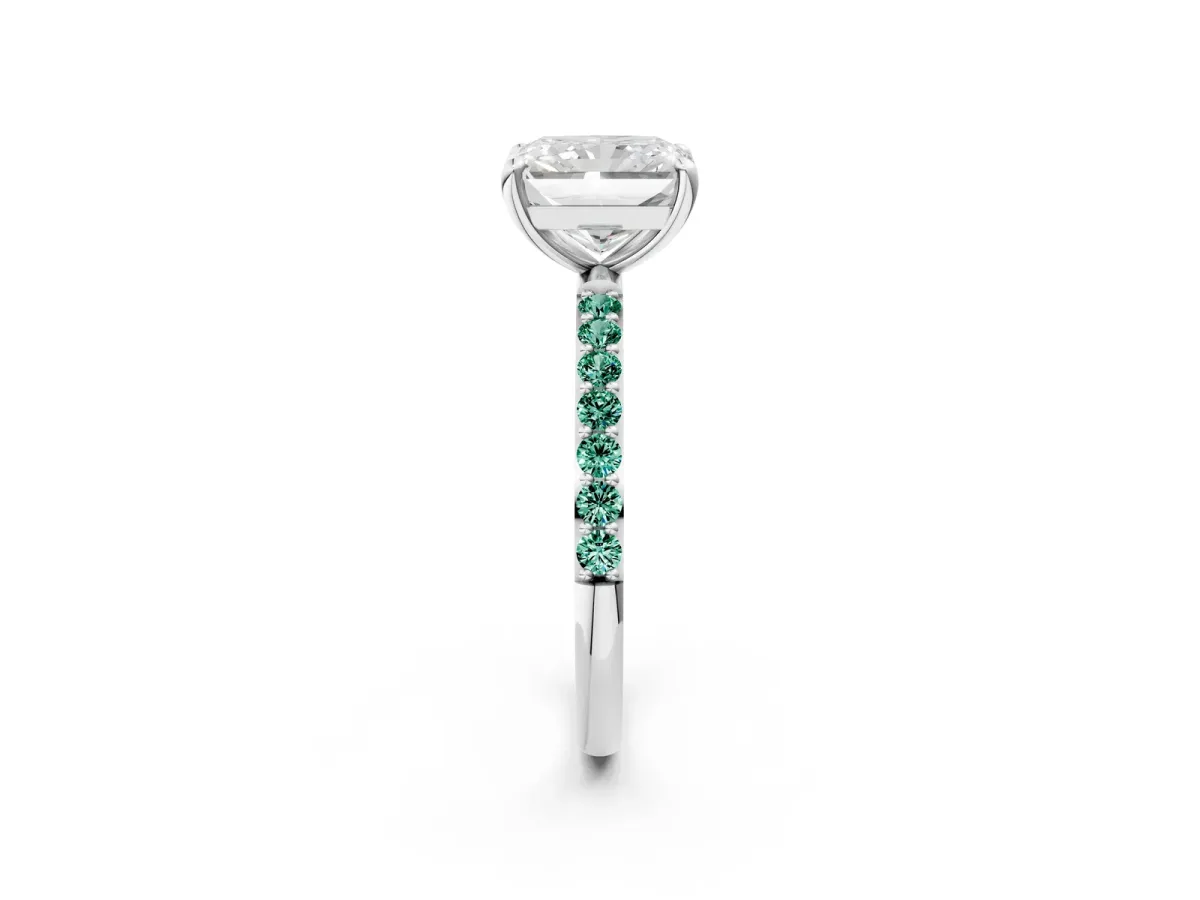 Radiant Cut Diamond Solitaire Ring with Round Green Sapphire Pavé Band and Prong Setting White gold