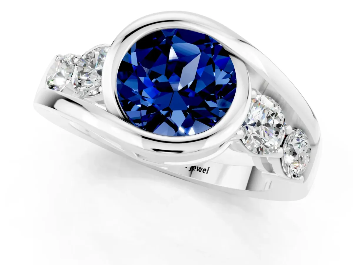Bezel Set Round Cut Blue Sapphire Bypass Ring with Round Accents Silver