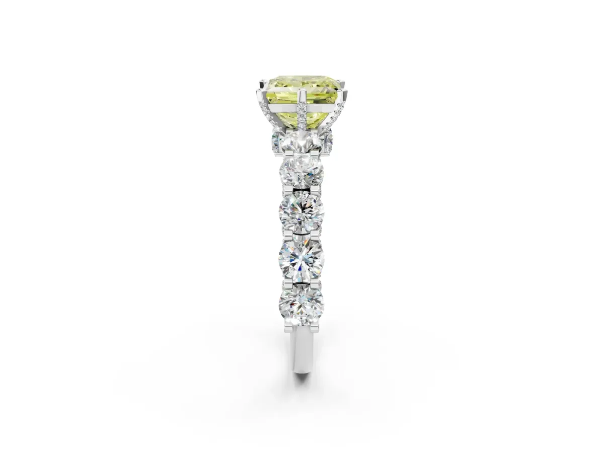 Fancy Yellow Princess Cut Diamond Side Stone Engagement Ring with Four-Prong Setting Silver