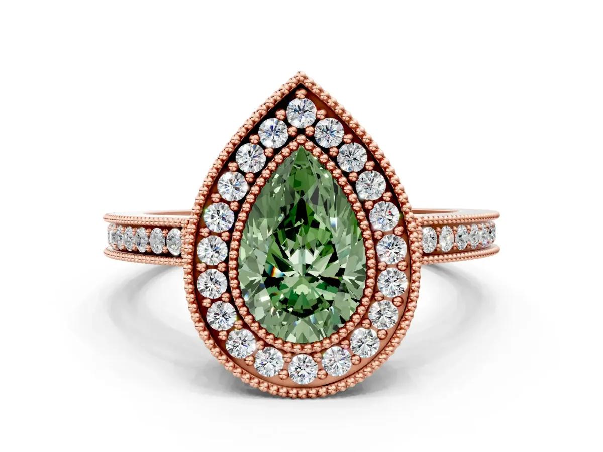 Fancy Green Pear Cut Cut Halo Diamond Ring with Pavé Band and Milgrain Prong Setting Rose gold