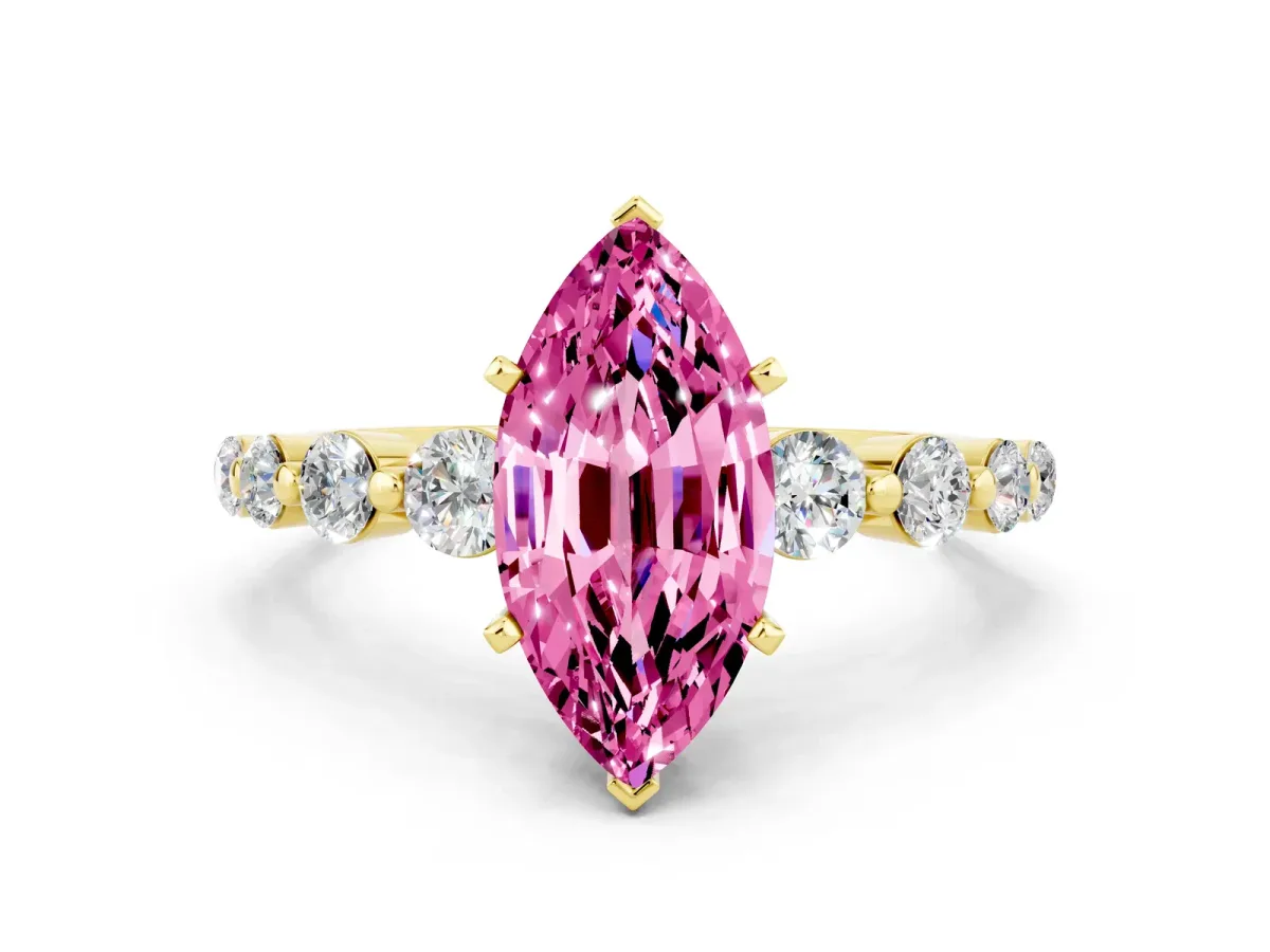 Marquise Cut Solitaire Pink Sapphire Ring with Pave Band and Four-Prong Setting Yellow gold