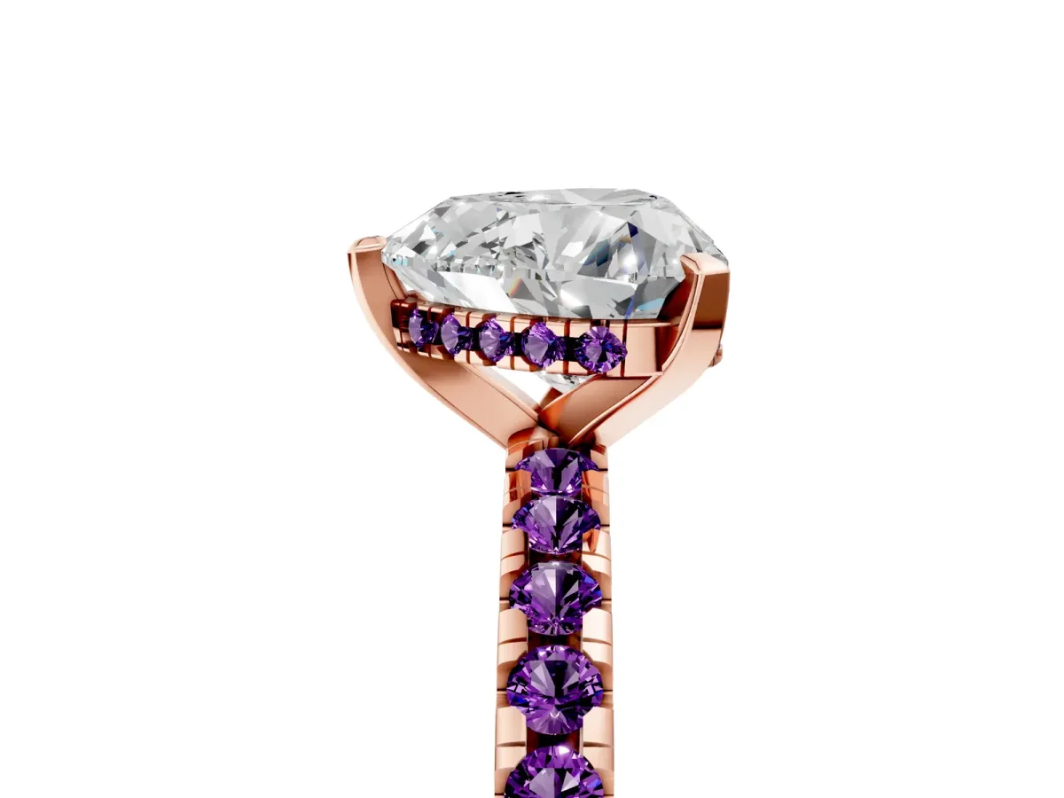 Heart Cut Diamond Solitaire Ring with Round Amethyst Pavé Band and Four-Prong Setting Rose gold