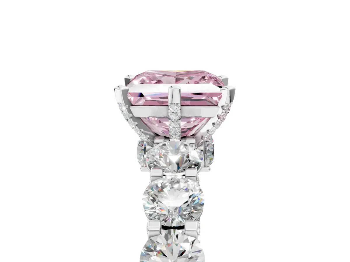 Fancy Pink Princess Cut Diamond Side Stone Engagement Ring with Four-Prong Setting White gold