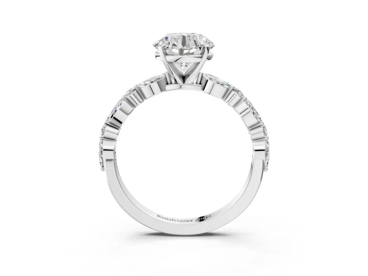 Round Cut Diamond Ring with Marquise and Round Moissanite Side Stones and Four-Prong Setting White gold