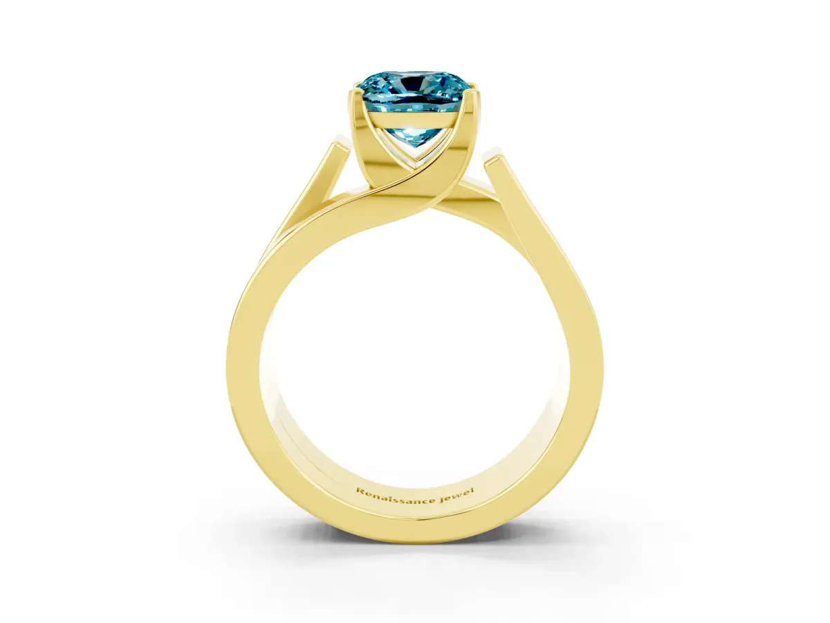 Modern Tension Set Cushion Cut Blue Topaz Solitaire Wide Band Ring Yellow gold