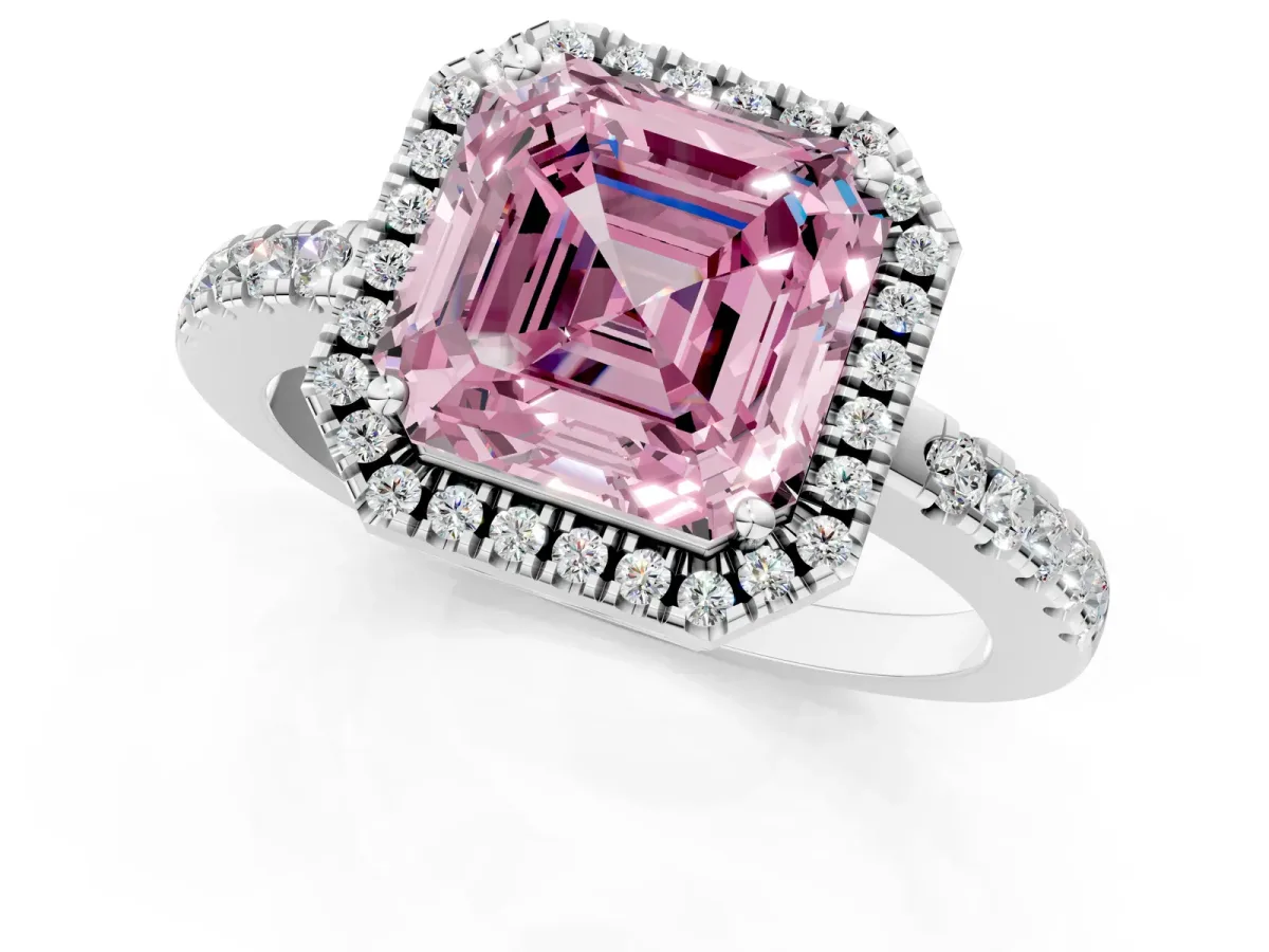 Fancy Pink Asscher Cut Halo Diamond Engagement Ring with Pavé Band and Four-Prong Setting Platinum