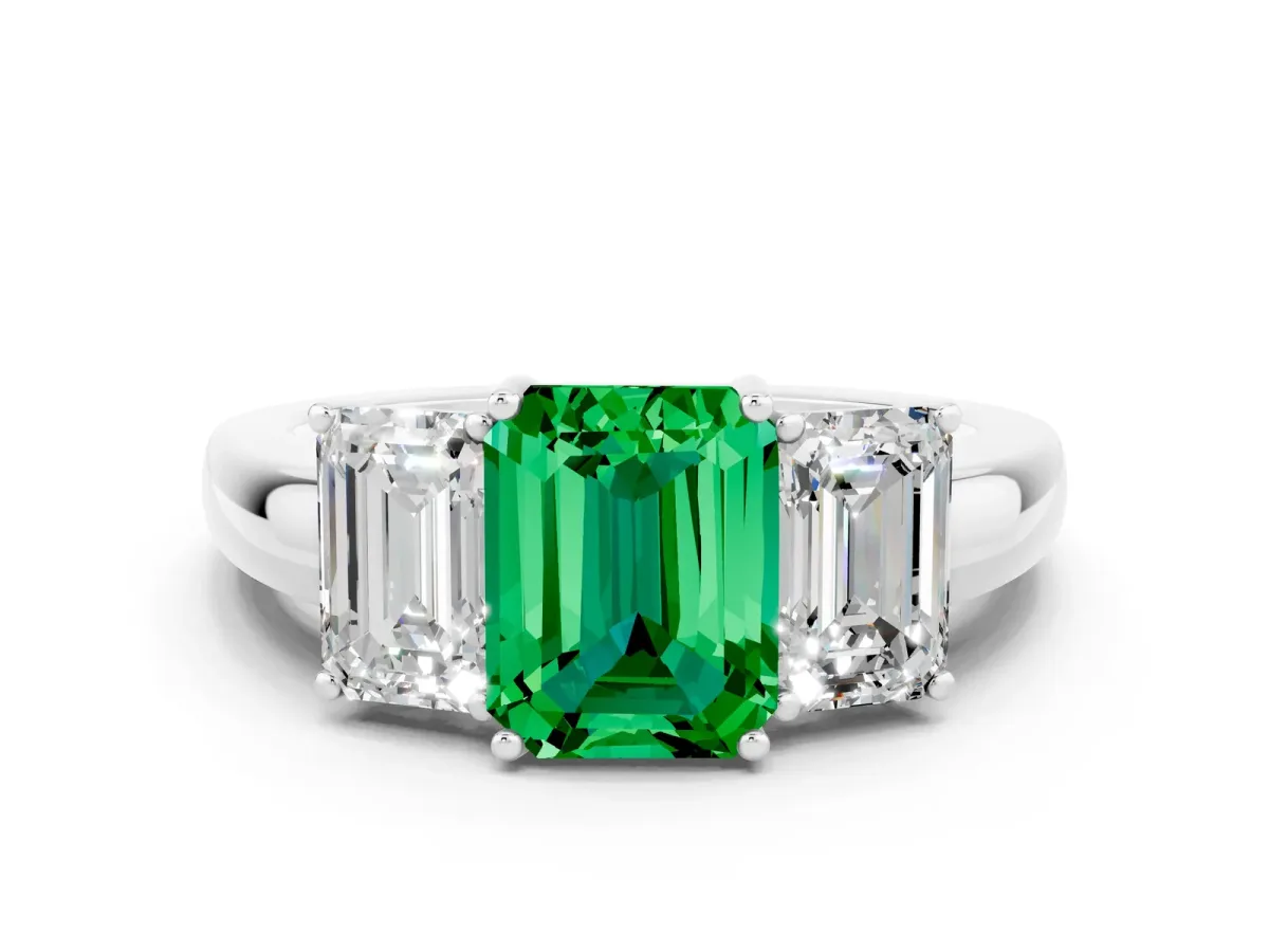 Emerald Cut Emerald Three-Stone Ring with Four-Prong Setting and Classic Band Silver
