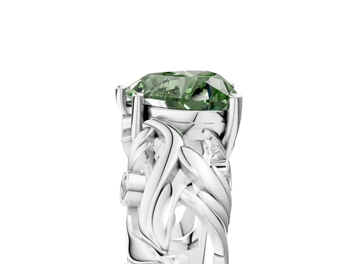 Fancy Green Heart Cut Solitaire Diamond Leaf-Inspired Vine Band Ring with Prong Setting Platinum