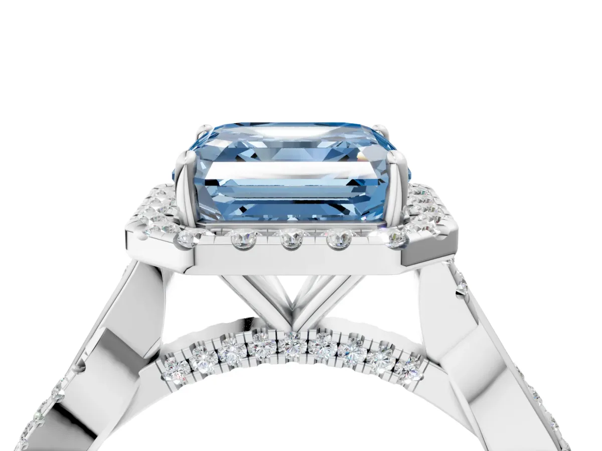 Fancy Blue Asscher Cut Halo Twist Band Solitaire Ring Platinum