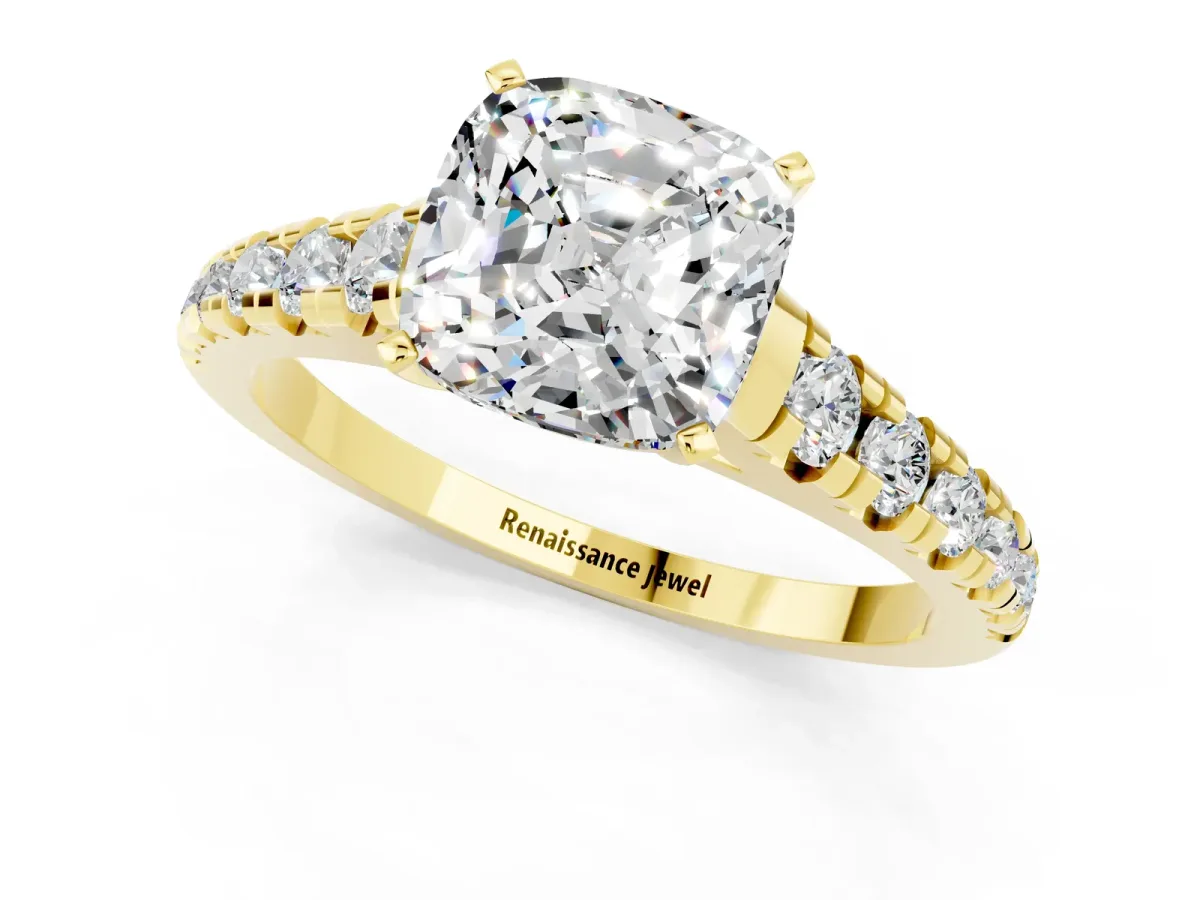 Cushion Cut Moissanite Cathedral Solitaire Ring with Round Pavé Band Yellow gold