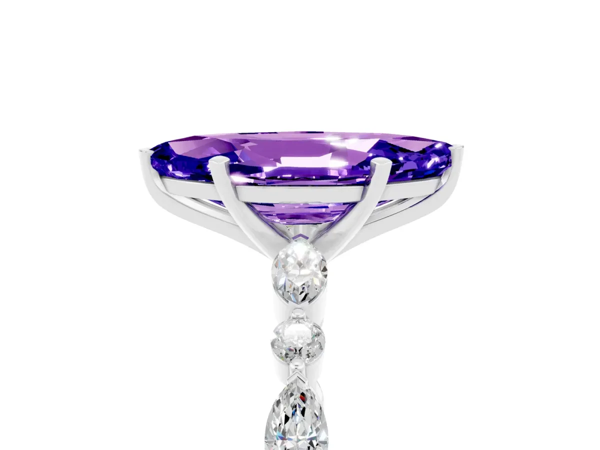 Marquise Cut Tanzanite Ring with Marquise and Round Side Stones and Four-Prong Setting White gold
