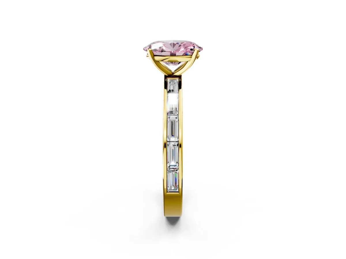 Fancy Pink Oval Cut Solitaire Diamond Ring with Channel-Set Baguette Band and Four-Prong Setting Yellow gold
